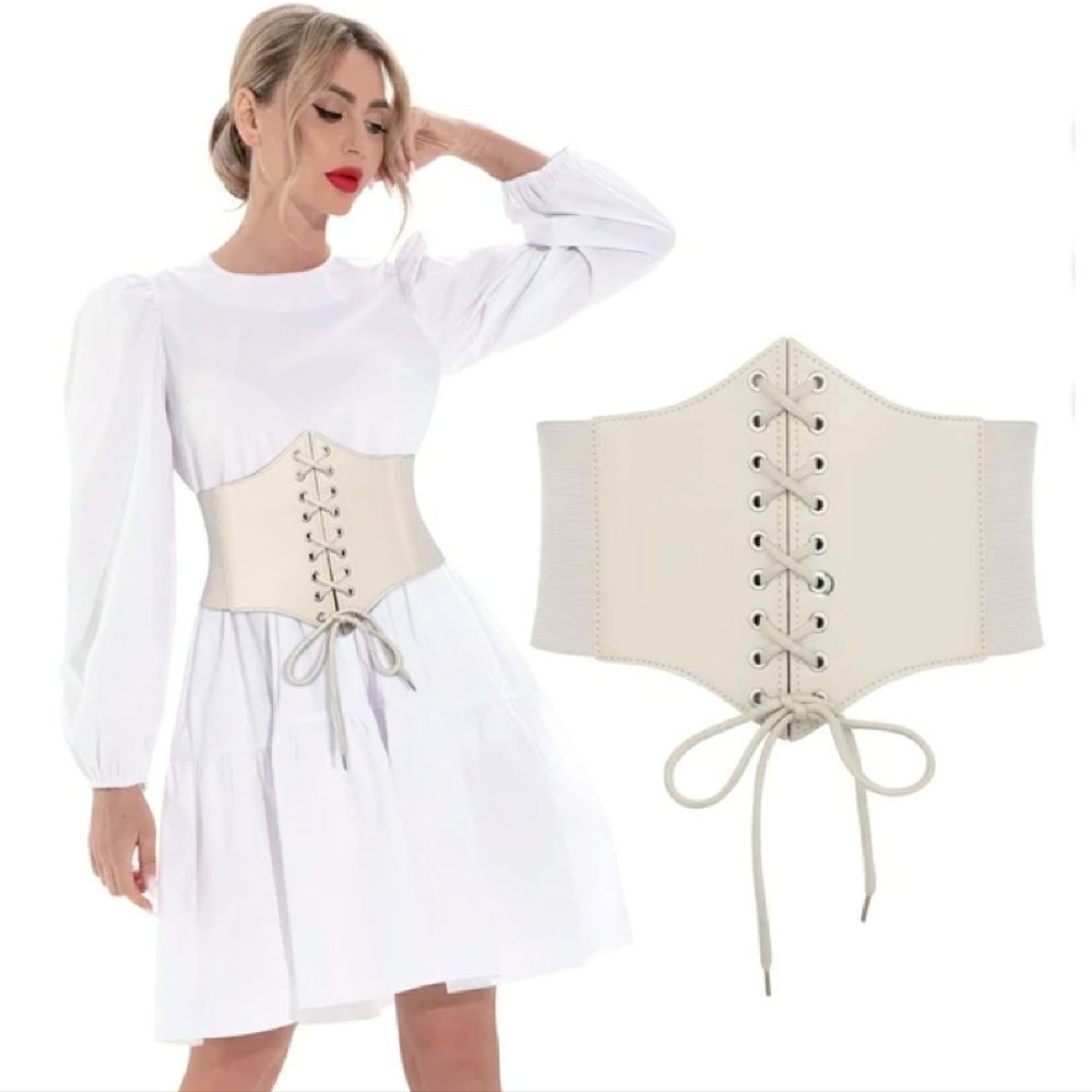 White Vegan Leather Under Breast Corset Stretch Lace Up Belt One Size